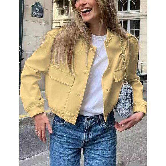 Women Yellow Cropped Bomber Jacket Button Down Varsity Shacket with Pockets - Picture 4 of 6
